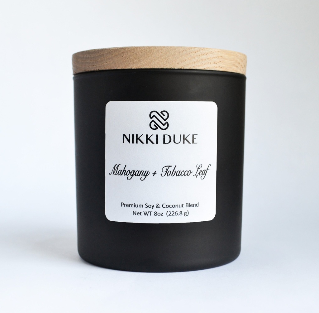 Nikki Duke Mahogany + Tobacco Leaf  8 oz Premium Soy + Coconut Candle