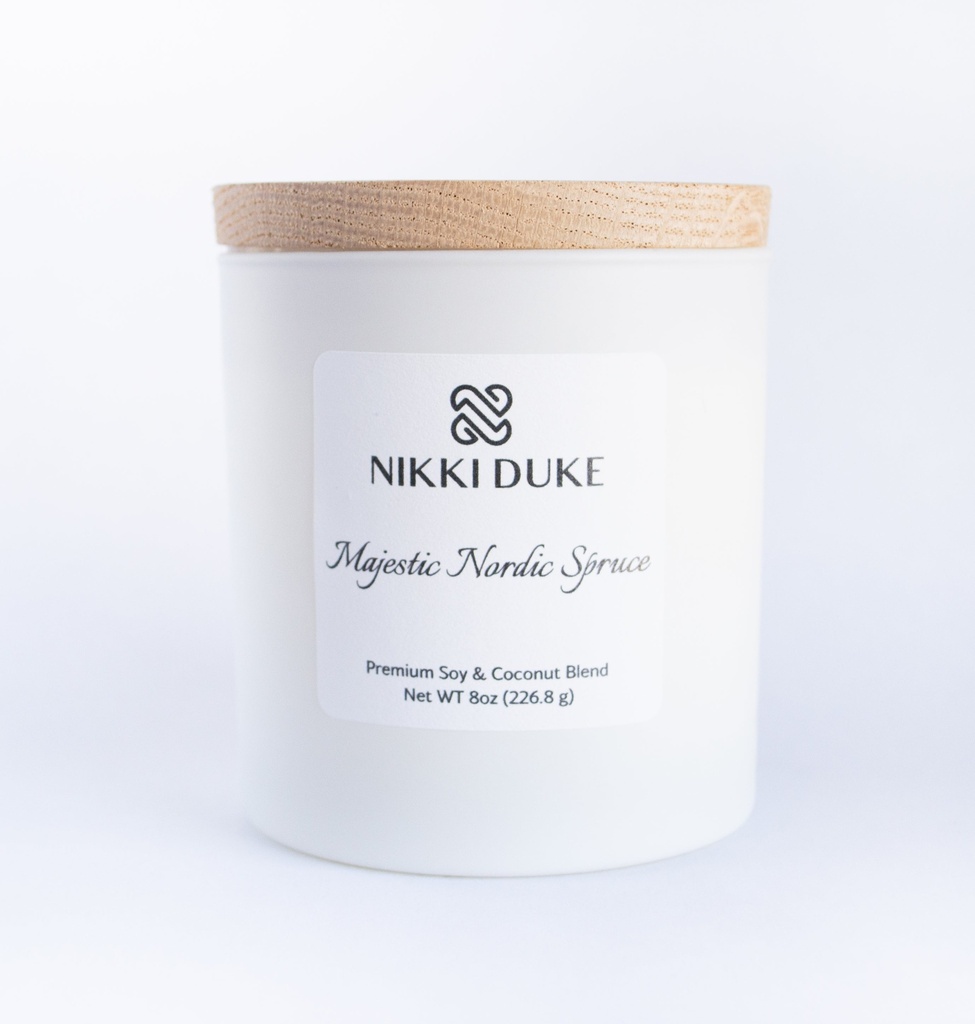 Nikki Duke Majestic Nordic Spruce 8 oz Premium Soy + Coconut Candle